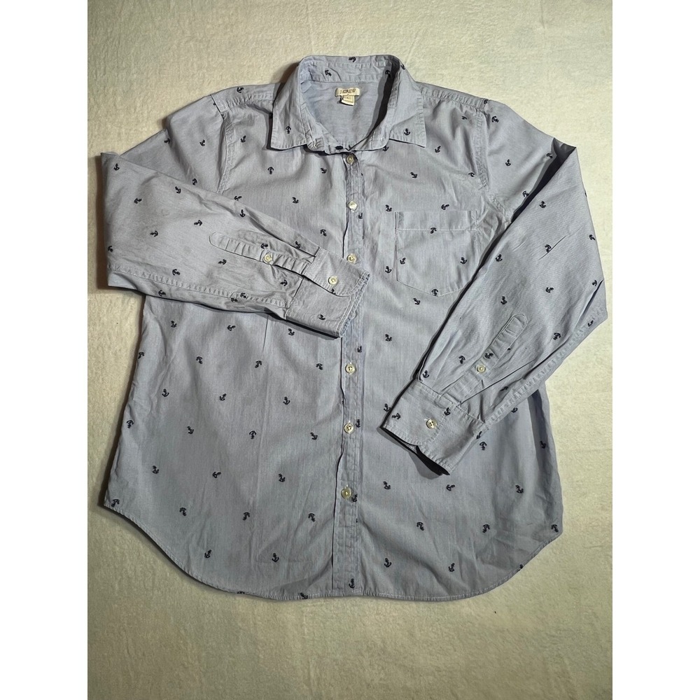 J.Crew Mens Anchor Print Button Down Shirt Blue White Stripe Cotton C2351 Large